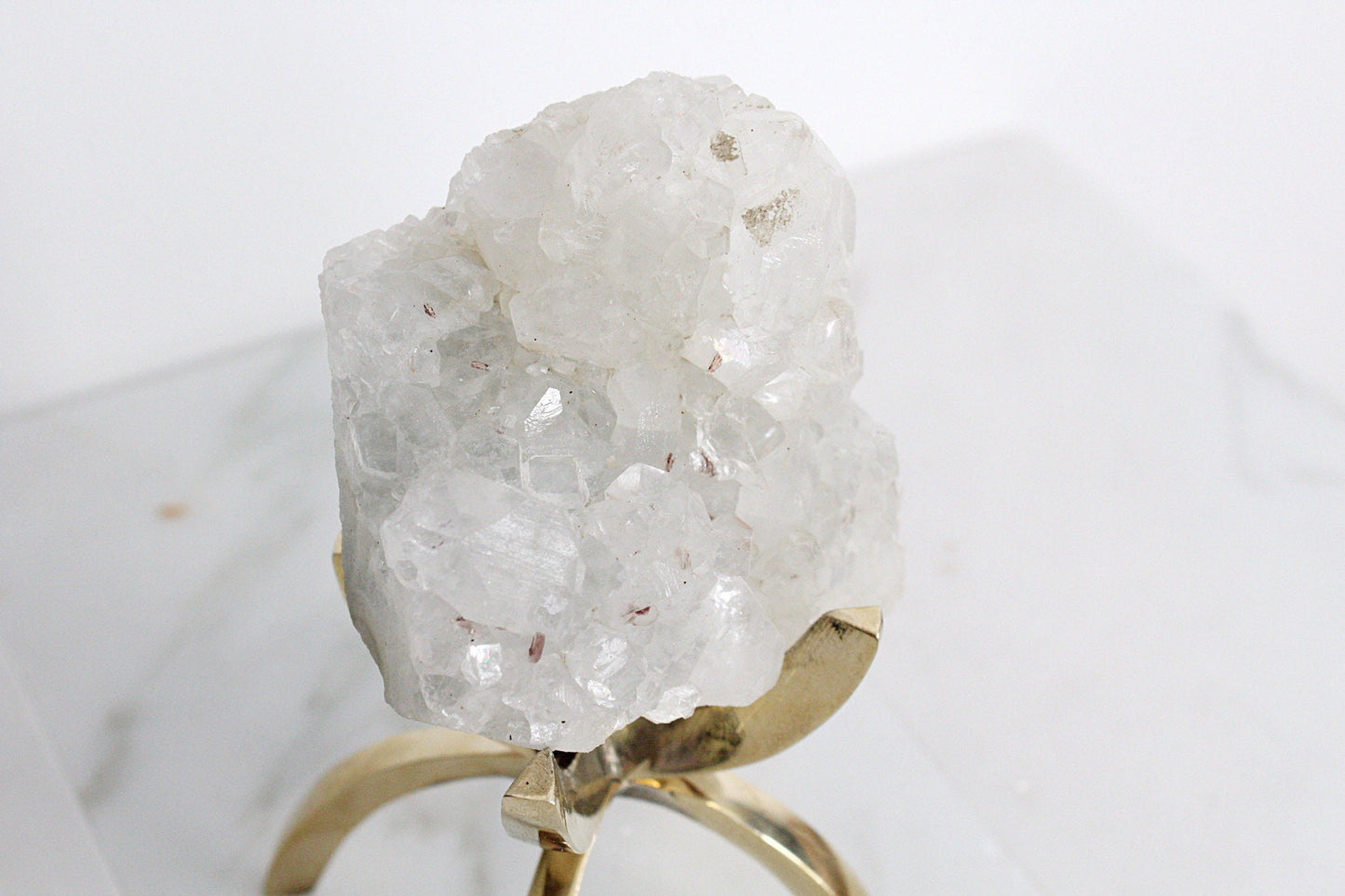 Apophyllite Quartz – White Crystal on Brass Claw Stand
