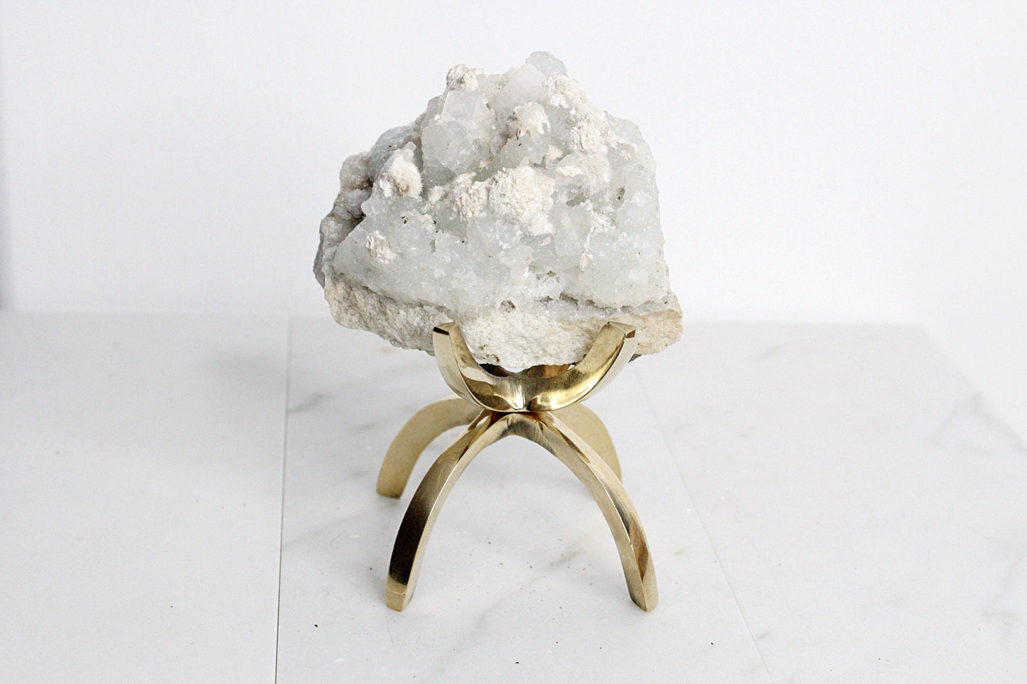 Apophyllite Okenite Quartz Crystal – Boho Decor on Brass Claw Stand