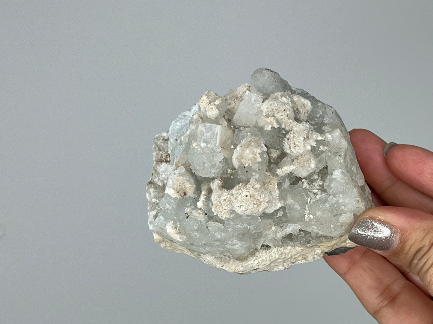 Apophyllite Okenite Quartz Crystal – Boho Decor on Brass Claw Stand