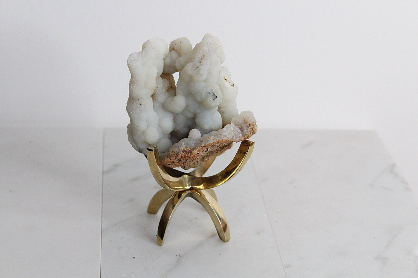 White Chalcedony Quartz – Boho Crystal Display with Brass Claw Stand