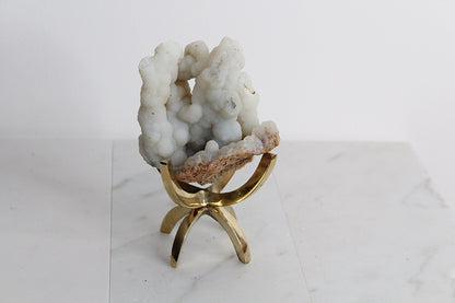 White Chalcedony Quartz – Boho Crystal Display with Brass Claw Stand