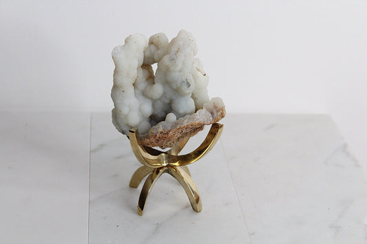 White Chalcedony Quartz – Boho Crystal Display with Brass Claw Stand