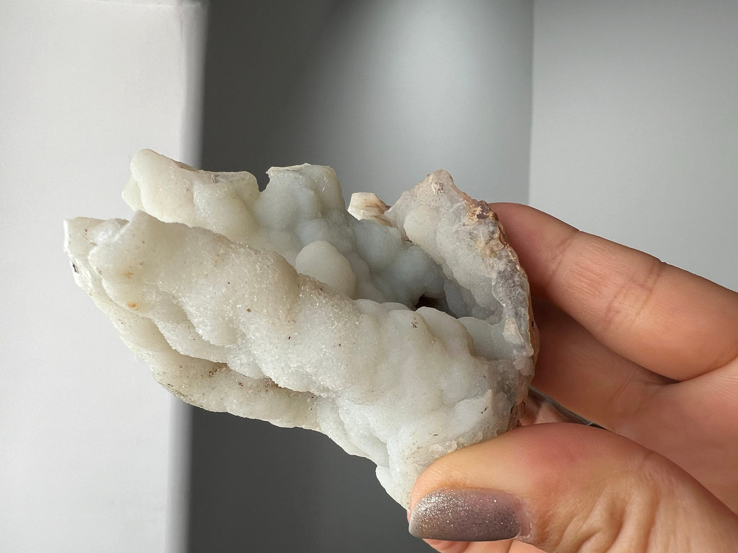 White Chalcedony Quartz – Boho Crystal Display with Brass Claw Stand