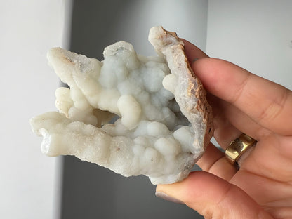 White Chalcedony Quartz – Boho Crystal Display with Brass Claw Stand