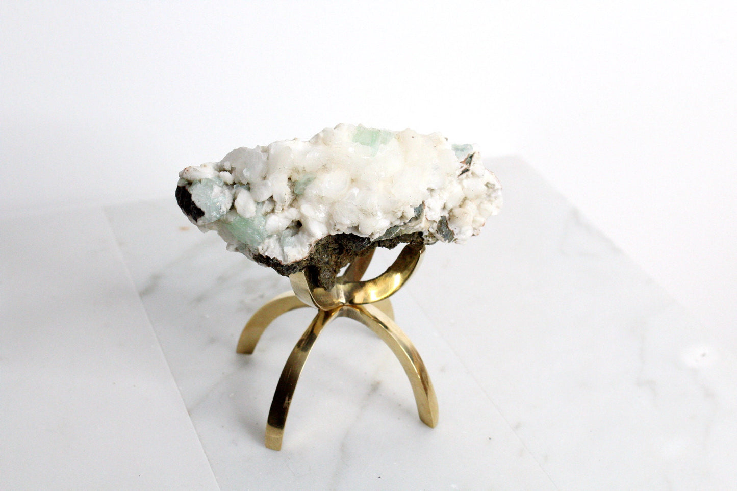 Heulandite & Apophyllite Crystal – Brass Claw Display for Boho Decor