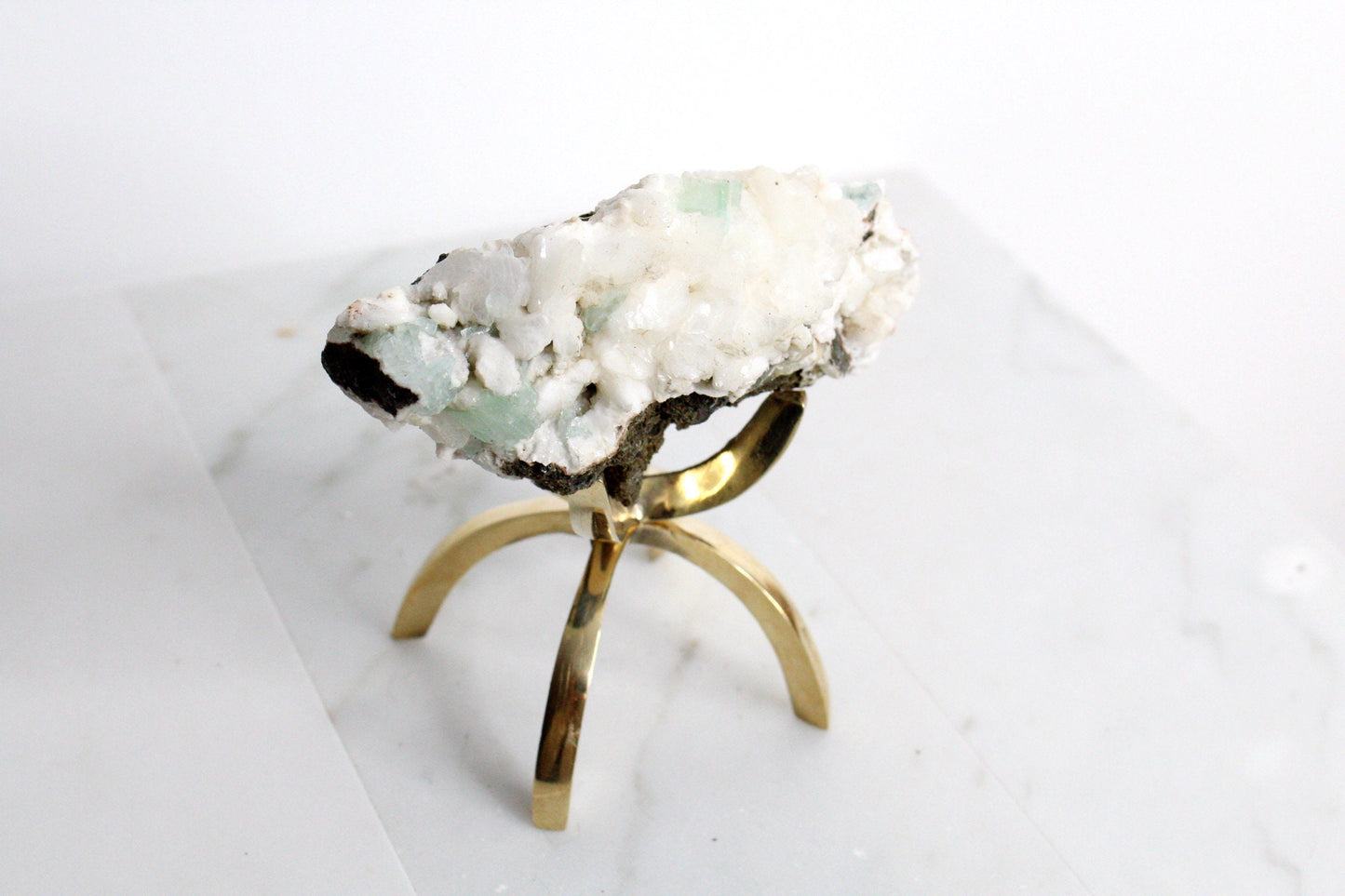 Heulandite & Apophyllite Crystal – Brass Claw Display for Boho Decor
