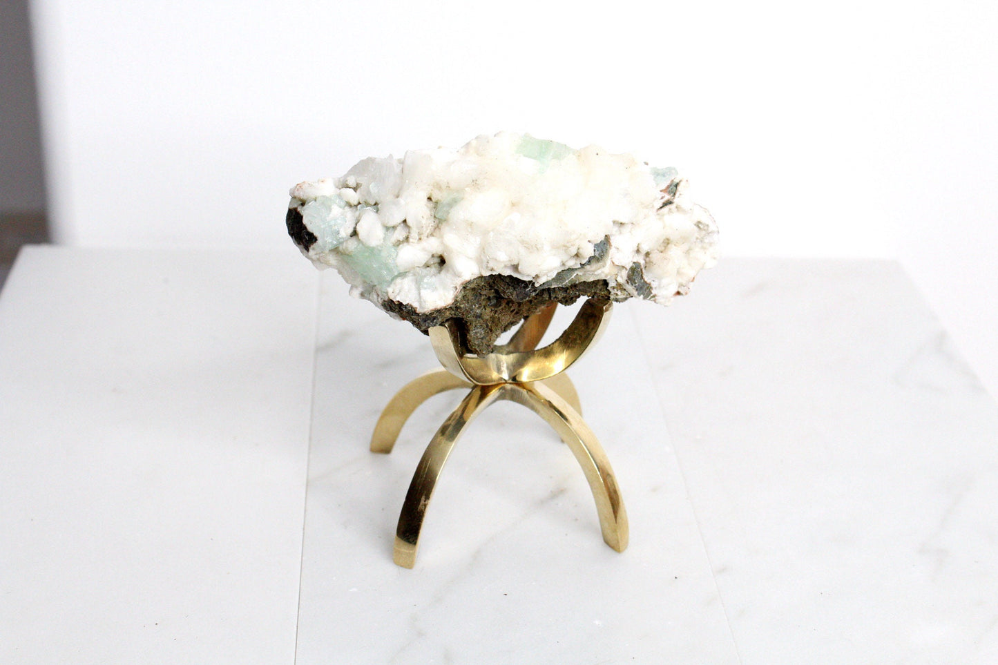 Heulandite & Apophyllite Crystal – Brass Claw Display for Boho Decor