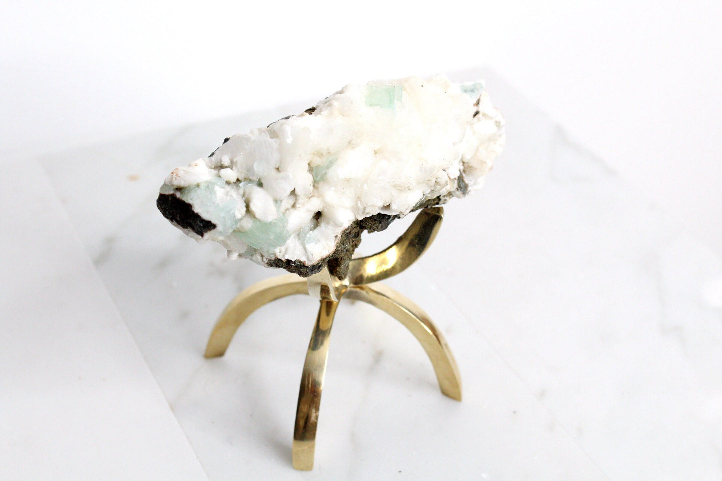 Heulandite & Apophyllite Crystal – Brass Claw Display for Boho Decor