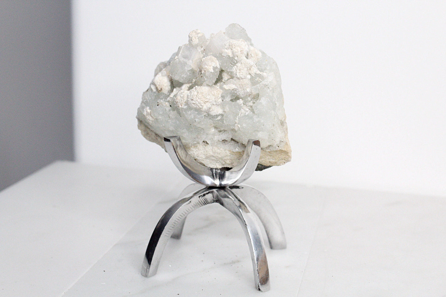 Apophyllite Okenite Quartz Crystal – Boho Decor on Brass Claw Stand
