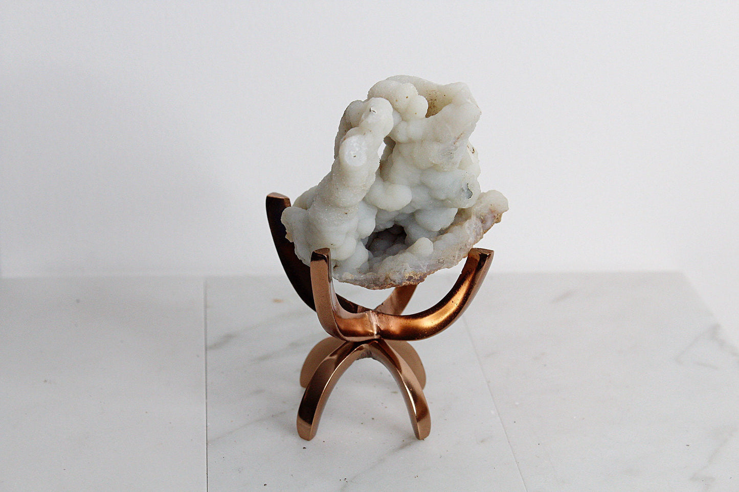 White Chalcedony Quartz – Boho Crystal Display with Brass Claw Stand