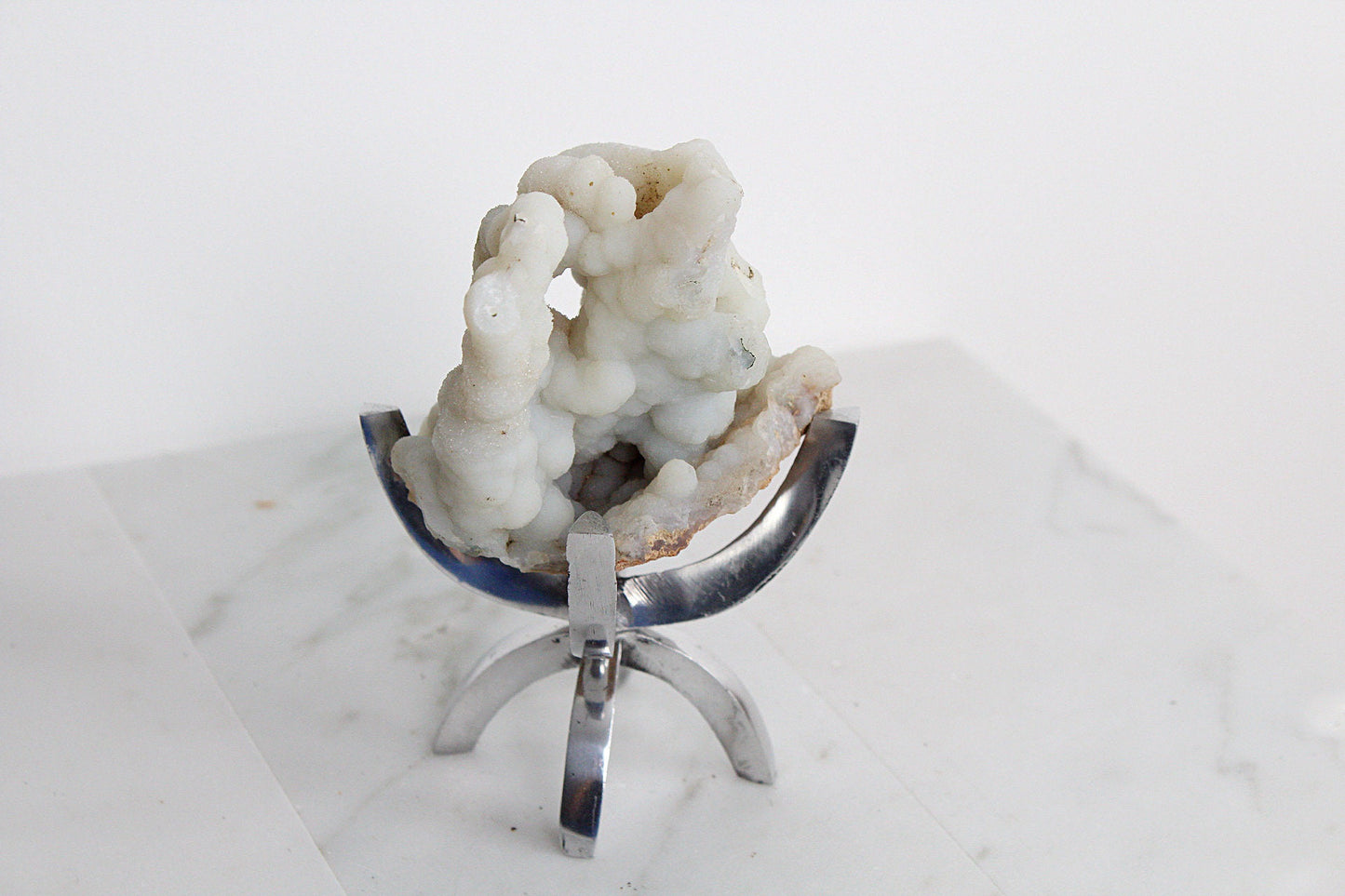 White Chalcedony Quartz – Boho Crystal Display with Brass Claw Stand