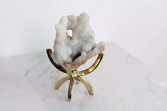 White Chalcedony Quartz – Boho Crystal Display with Brass Claw Stand