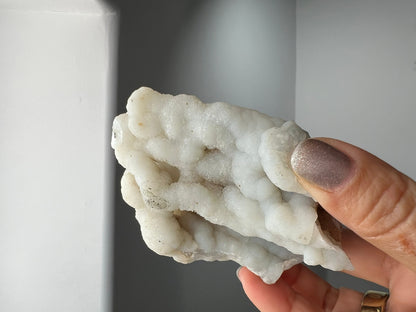 White Chalcedony Quartz – Boho Crystal Display with Brass Claw Stand