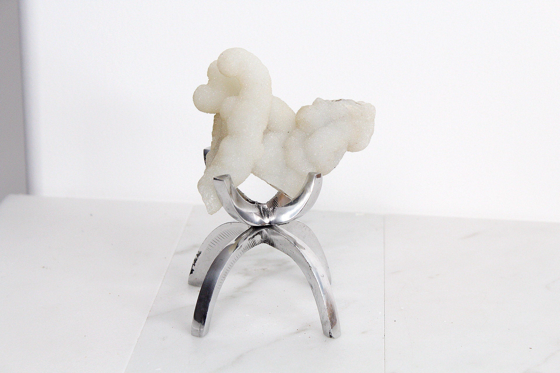 Modern White Crystal Decor with Silver Claw Stand: Chalcedony Quartz Mineral Boho Decor Accent Quartz Crystal Gift Minimal Silver Claw Stand Modern Crystal Decor with Silver Claw Stand Chalcedony Quartz Mineral
Boho Crystal Display: Chalcedony Quartz