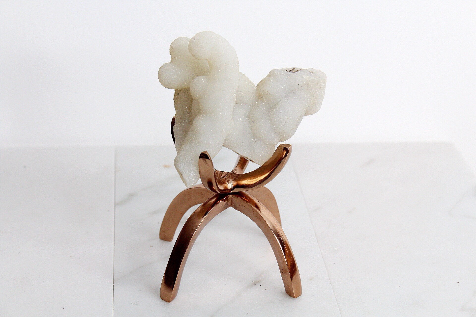 Modern White Crystal Decor with Rose Gold Claw Stand: Chalcedony Quartz Mineral Boho Decor Accent Quartz Crystal Gift Minimal Copper Claw Stand Modern Crystal Decor with  Claw Stand: Chalcedony Quartz Mineral
Boho Crystal Display: Chalcedony Quartz