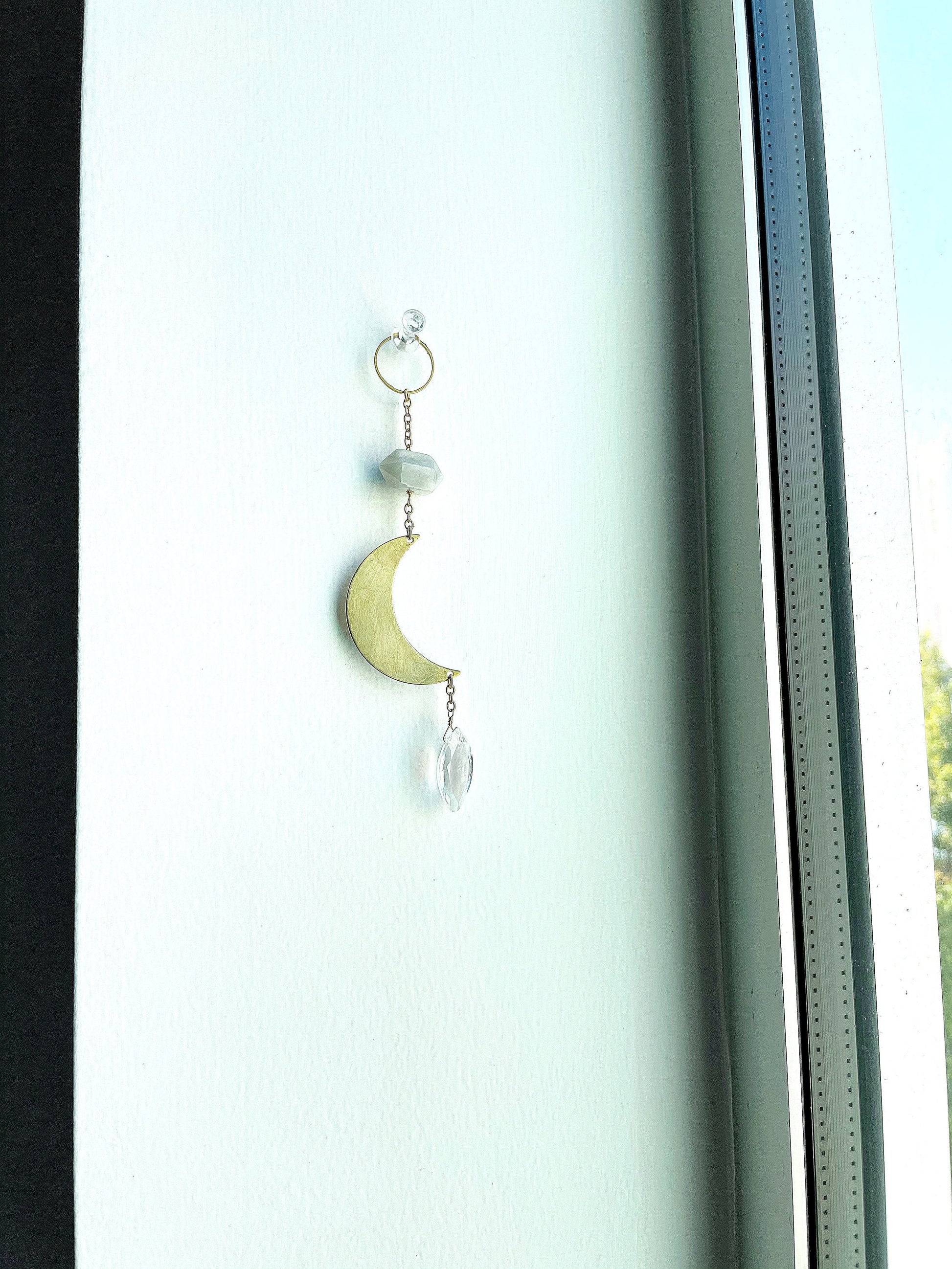 Modern Sun Catcher Light Catcher Brass Crescent Moonstone Clear Crystal Rock Quartz Wall Hanging Art Natural Clear Quartz and Gray Moonstone