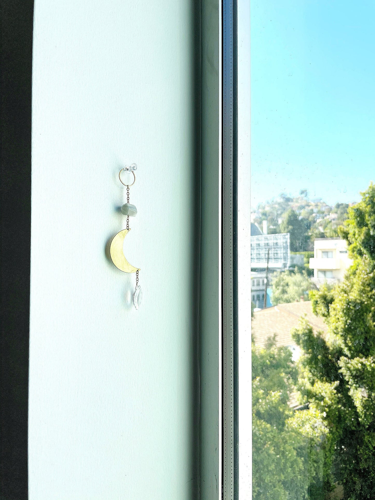 Modern Sun Catcher Light Catcher Brass Crescent Moonstone Clear Crystal Rock Quartz Wall Hanging Art Natural Clear Quartz and Gray Moonstone