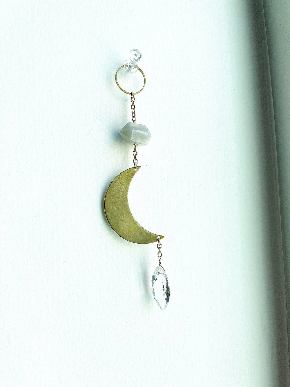 Crescent Moonstone Sun Catcher – Brass Light Catcher with Clear Quartz