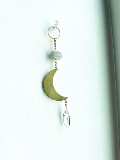 Crescent Moonstone Sun Catcher – Brass Light Catcher with Clear Quartz