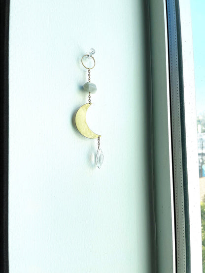 Modern Sun Catcher Light Catcher Brass Crescent Moonstone Clear Crystal Rock Quartz Wall Hanging Art Natural Clear Quartz and Gray Moonstone