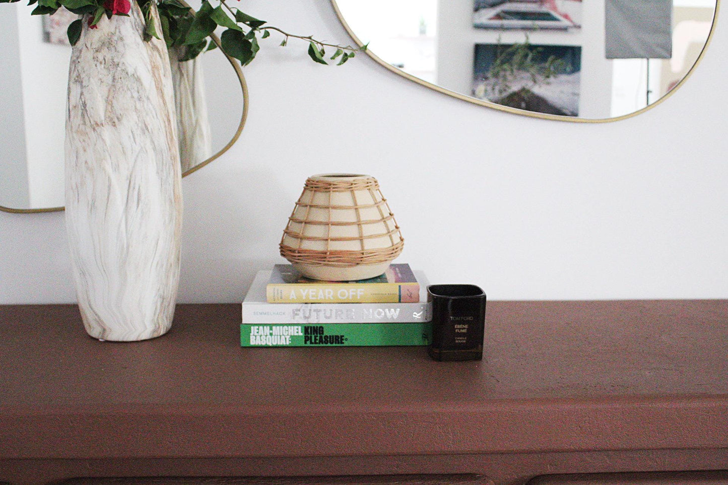 Ceramic Vase Rattan Boho Home Decor Woven Container Neutral Textured Planter Organic Modern Accent Wicker Overlay Small Vase Shelf Decor Mantel Accent Side Table Decor Handcrafted Look Vase Modern Farmhouse Decor