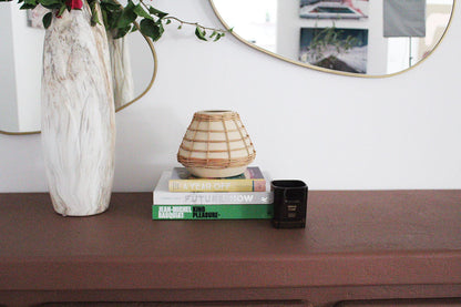 Ceramic Vase Rattan Boho Home Decor Woven Container Neutral Textured Planter Organic Modern Accent Wicker Overlay Small Vase Shelf Decor Mantel Accent Side Table Decor Handcrafted Look Vase Modern Farmhouse Decor