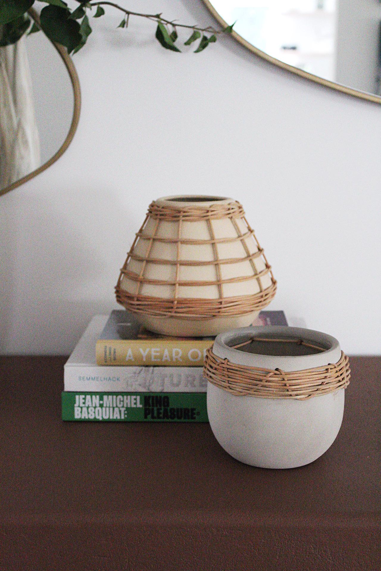 Rattan Boho Vase Woven Container Neutral Home Accent Textured Planter Organic Modern Decor Wicker Overlay Vase Shelf Accent Mantel Decor Side Table Accessory Handcrafted Look Vase Bohemian Decor