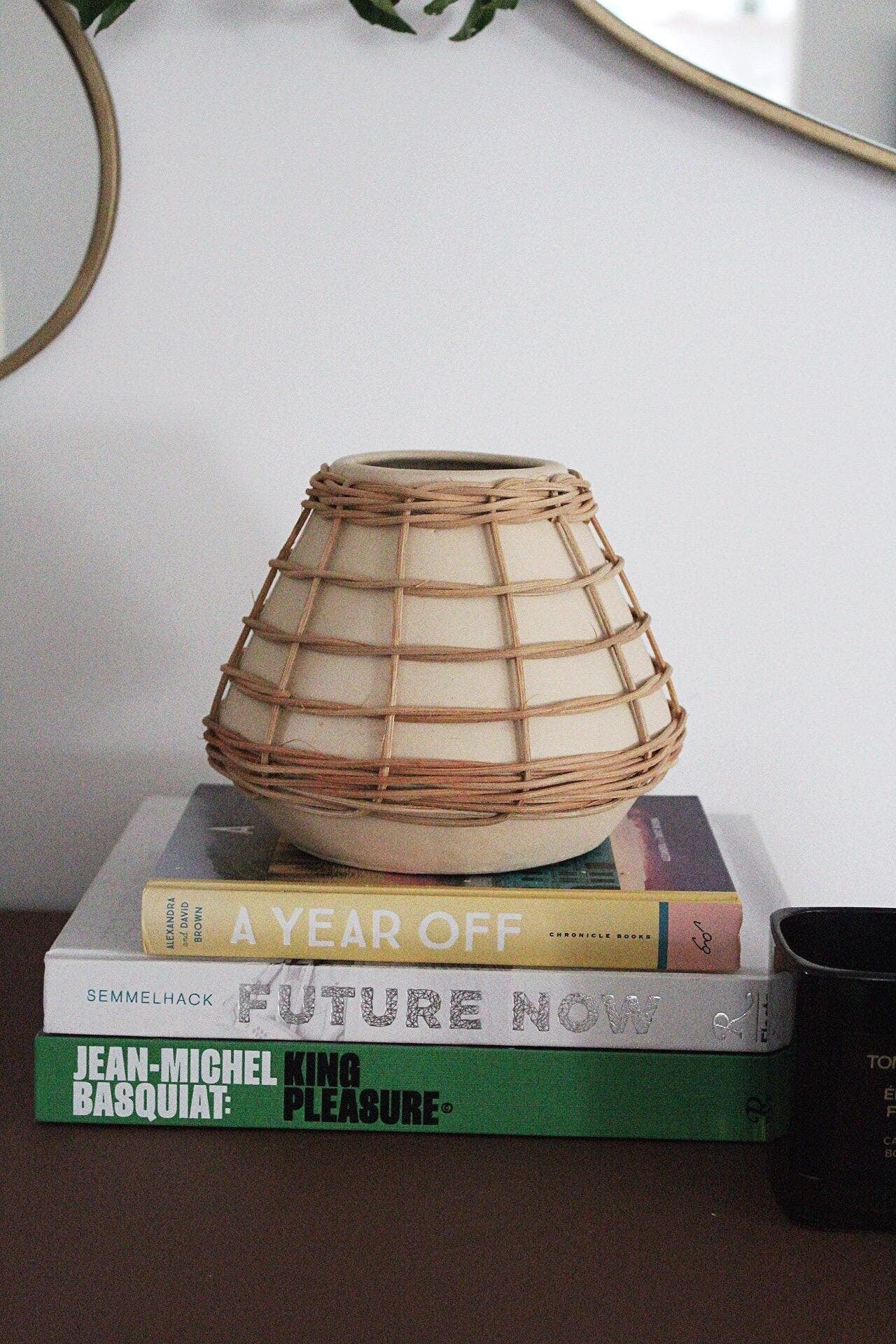 Woven Rattan Vase Wicker Overlay Vase Neutral Home Decor Boho Vase Textured Vase Natural Home Accent Organic Modern Decor Wabi Sabi Decor Bohemian Accessory Decorative Container Small Planter