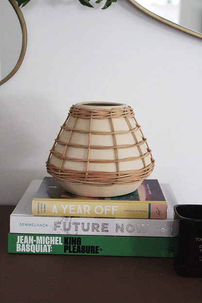 Woven Rattan Vase Wicker Overlay Vase Neutral Home Decor Boho Vase Textured Vase Natural Home Accent Organic Modern Decor Wabi Sabi Decor Bohemian Accessory Decorative Container Small Planter