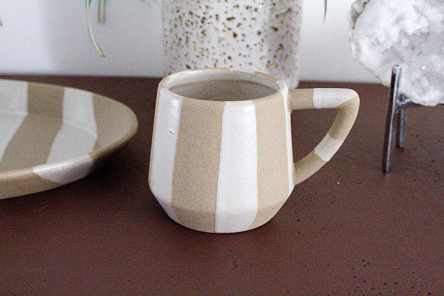 Ceramic Striped Mug Modern Farmhouse Kitchenware Neutral Coffee Cup Boho Chic Drinkware Everyday Tea Cup Minimalist Design Trendy Decor Gift Housewarming Present Office Desk Mug Durable Ceramic Cup