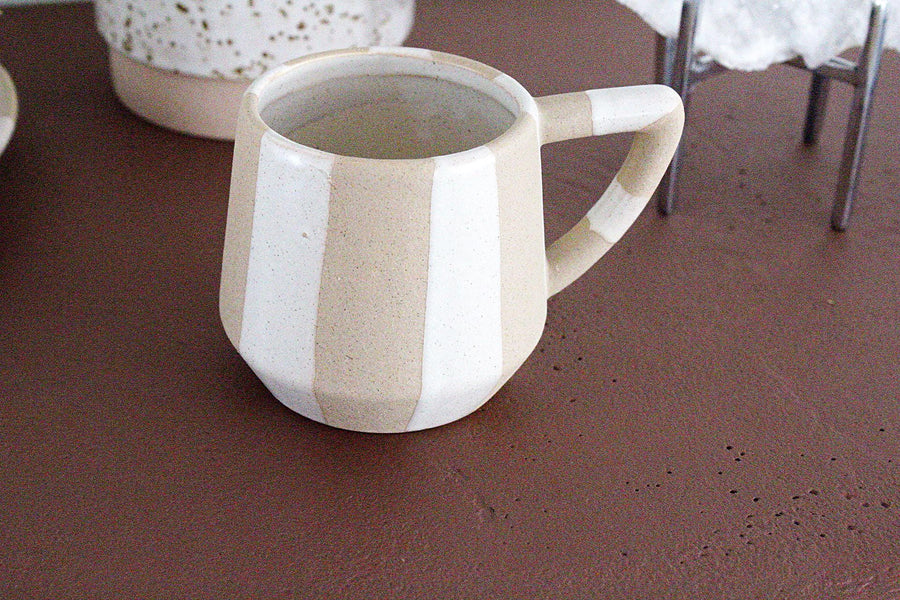 Striped Mug Neutral Earthy Colors Modern Farmhouse Cup Boho Chic Kitchenware Minimalist Coffee Tea Cup Hot Beverage Container Everyday Use Durable Ceramic Trendy Kitchen Decor Interior Design Gift