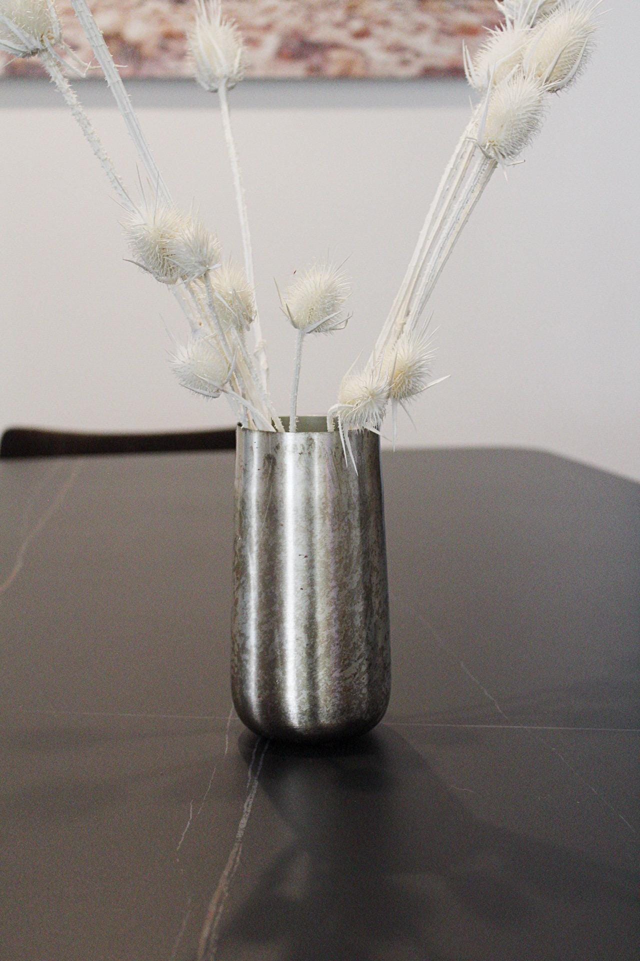 Silver Metallic Vase Antique Finish Vase for Branches Modern Vase Floral Arrangement Organic Vessel Distressed Texture Wabi Sabi Aesthetic