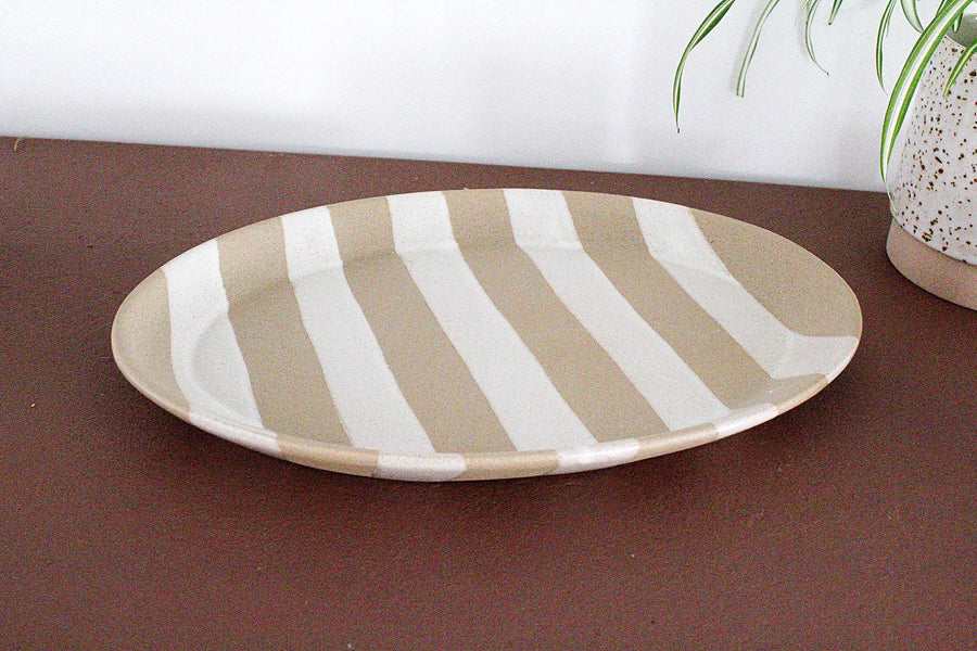 Oval Ceramic Plate Striped Serving Platter Beige White Dish Modern Tableware Coastal Accent Decorative Centerpiece Neutral Home Decor Boho Chic Farmhouse Decor Housewarming Gift Wedding Gift Hostess Gift