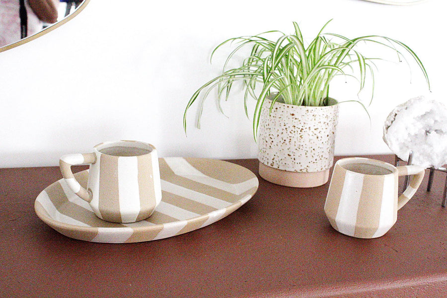 Modern Tableware Oval Ceramic Plate Striped Serving Platter Beige White Dish Coastal Accent Decorative Centerpiece Neutral Home Decor Boho Chic Farmhouse Decor Bread Serving Plate