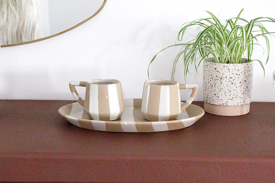 Beige White Striped Ceramic Platter Decorative Centerpiece Neutral Home Decor Coastal Style Accent Boho Chic Serving Dish Farmhouse Table Decor Shallow Tray Contemporary Accessory Gift Idea