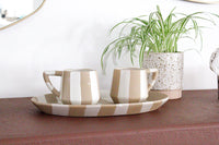 Oval Striped Platter Beige White Ceramic Dish Modern Tableware Coastal Accent Decorative Centerpiece Neutral Decor Boho Chic Farmhouse Style Housewarming Gift Wedding Present Hostess Gift
