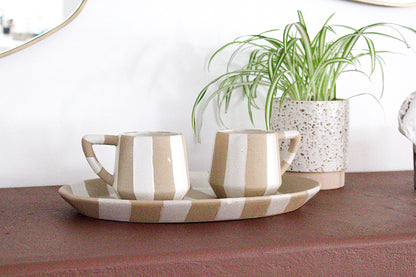 Oval Striped Platter Beige White Ceramic Dish Modern Tableware Coastal Accent Decorative Centerpiece Neutral Decor Boho Chic Farmhouse Style Housewarming Gift Wedding Present Hostess Gift