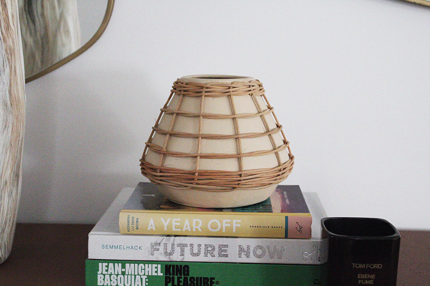 Woven Rattan Vase Wicker Overlay Vase Neutral Home Decor Boho Vase Textured Vase Natural Home Accent Organic Modern Decor Wabi Sabi Decor Bohemian Accessory Decorative Container Small Planter