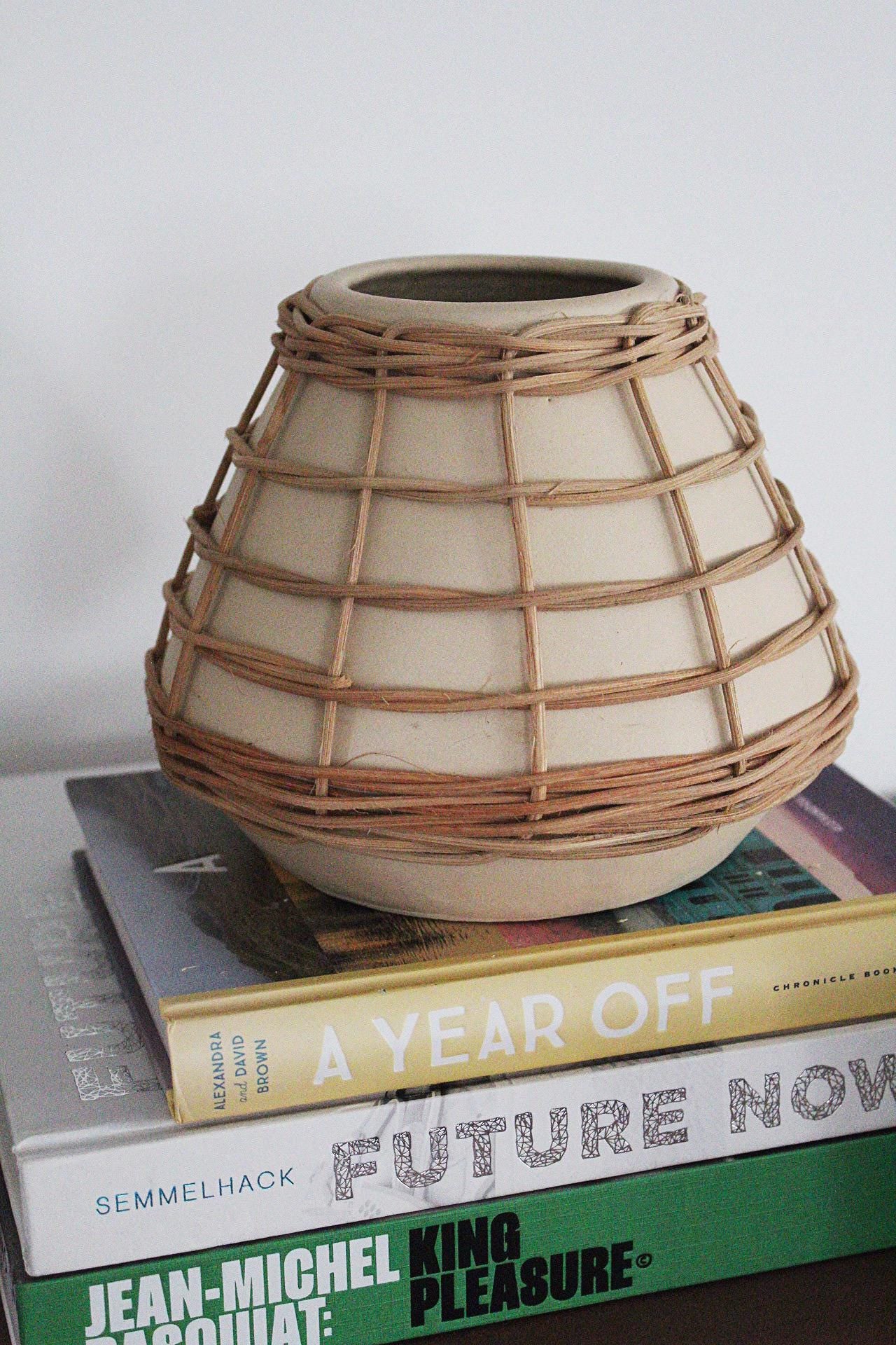 Ceramic Vase Boho Home Decor Neutral Textured Planter Organic Modern Accent Wicker Overlay Small Vase Shelf Decor Coastal Chic Decor Minimalist Vase Nature Inspired Home Decor Handcrafted Look