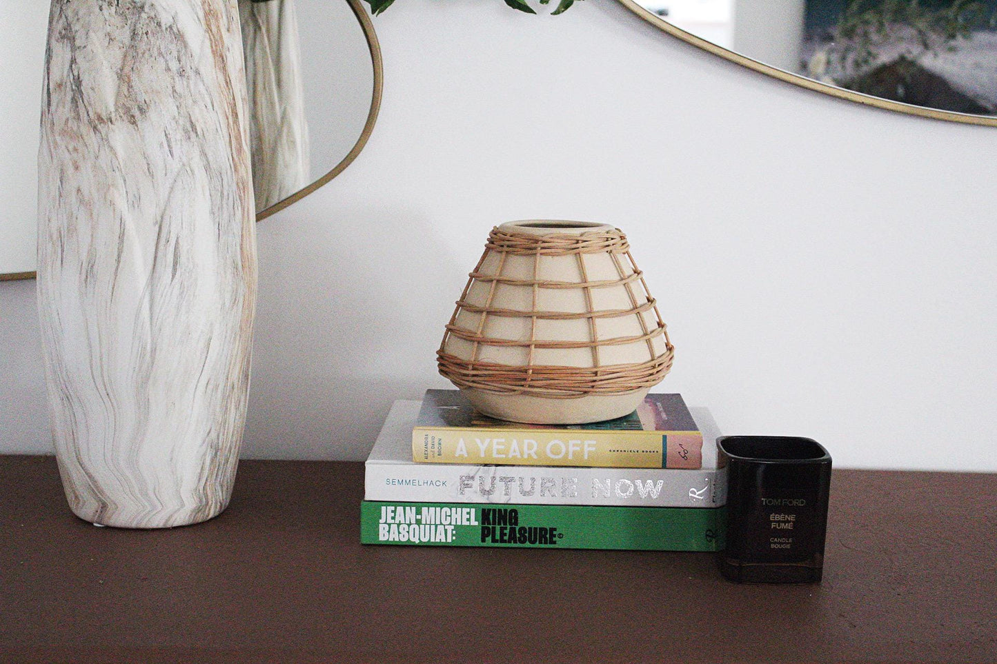 Ceramic Vase Rattan Boho Home Decor Woven Container Neutral Textured Planter Organic Modern Accent Wicker Overlay Small Vase Shelf Decor Mantel Accent Side Table Decor Handcrafted Look Vase Modern Farmhouse Decor