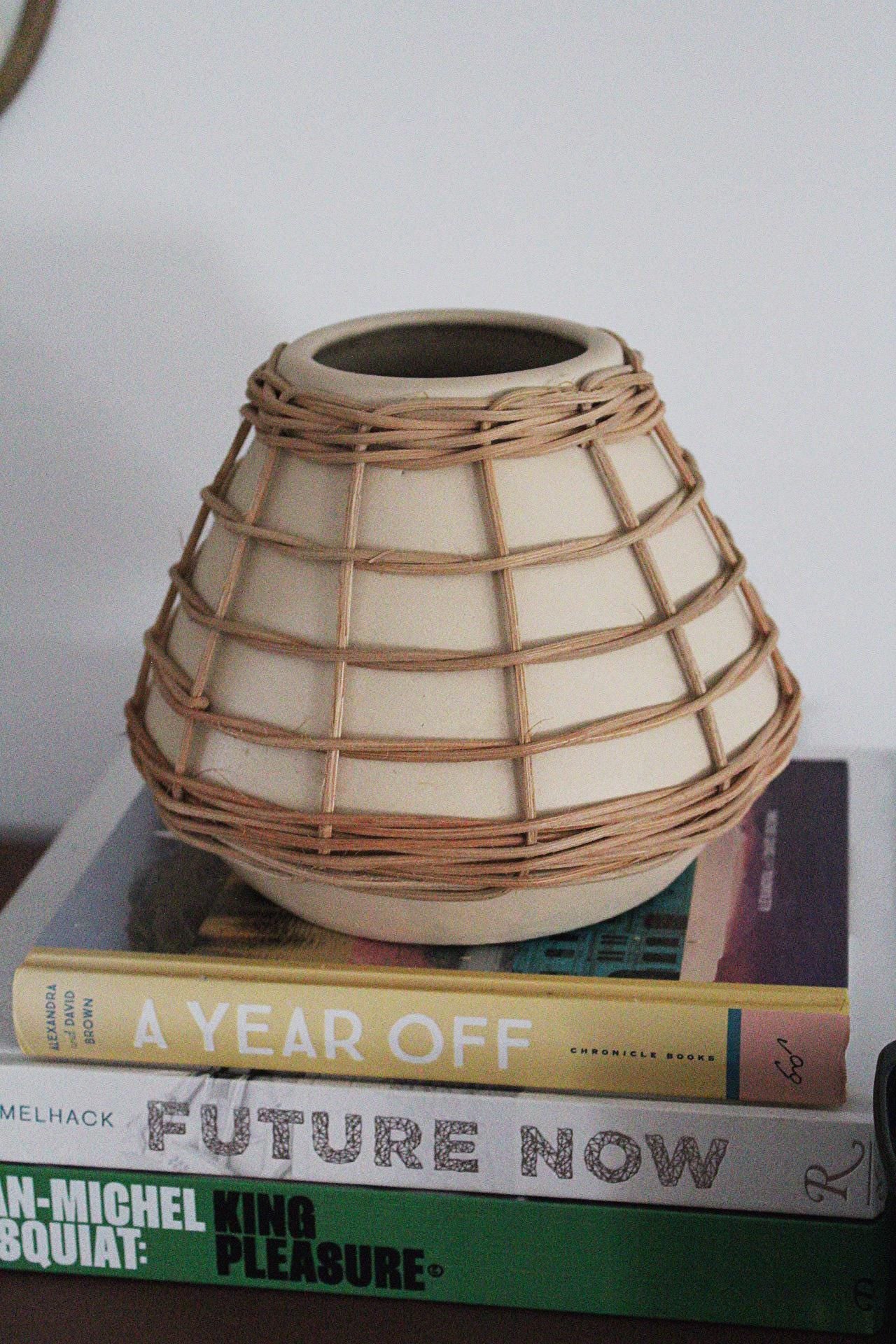 Ceramic Vase Boho Home Decor Neutral Textured Planter Organic Modern Accent Wicker Overlay Small Vase Shelf Decor Coastal Chic Decor Minimalist Vase Nature Inspired Home Decor Handcrafted Look