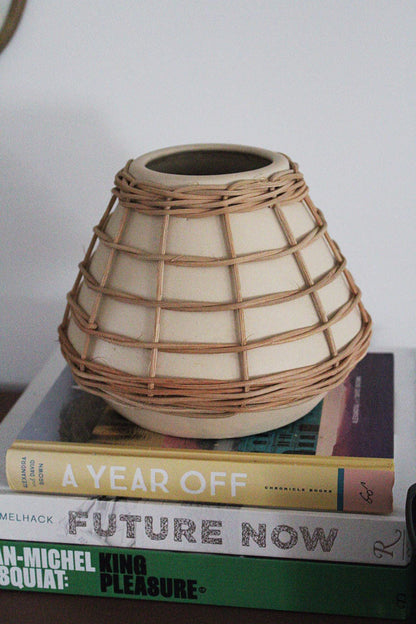 Ceramic Vase Boho Home Decor Neutral Textured Planter Organic Modern Accent Wicker Overlay Small Vase Shelf Decor Coastal Chic Decor Minimalist Vase Nature Inspired Home Decor Handcrafted Look