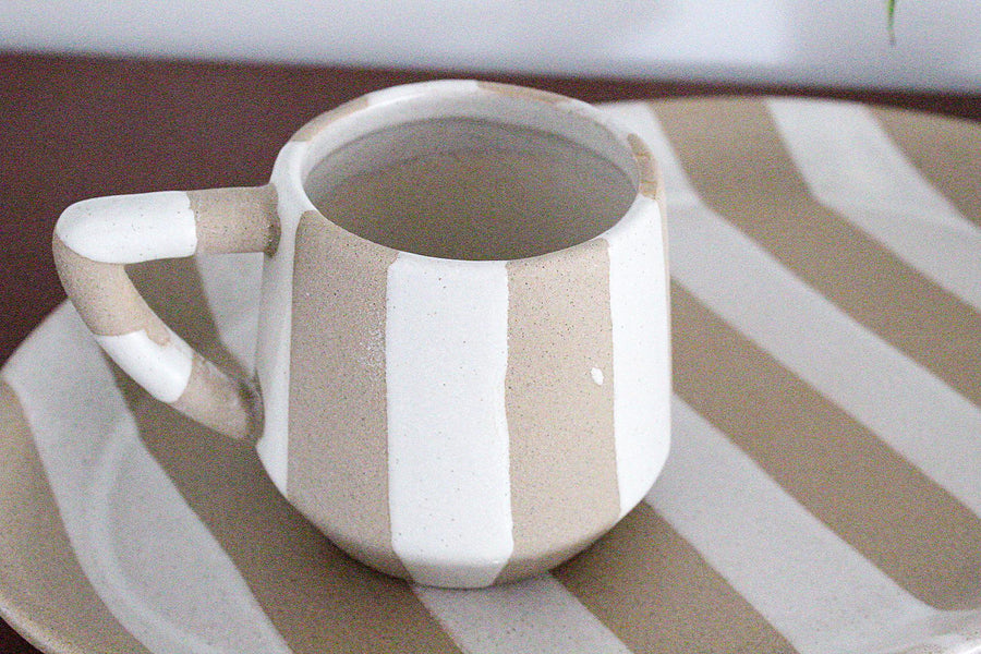 Striped Mug Neutral Earthy Colors Modern Farmhouse Cup Boho Chic Kitchenware Minimalist Coffee Tea Cup Hot Beverage Container Everyday Use Durable Ceramic Trendy Kitchen Decor Interior Design Gift