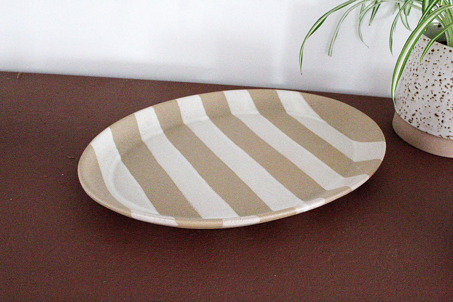 Modern Tableware Oval Ceramic Plate Striped Serving Platter Beige White Dish Coastal Accent Decorative Centerpiece Neutral Home Decor Boho Chic Farmhouse Decor Bread Serving Plate