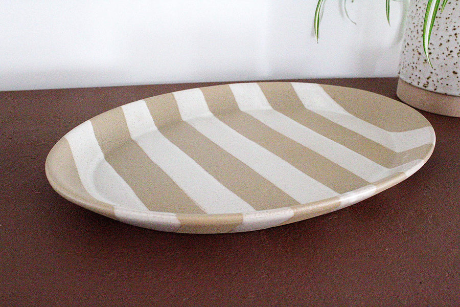 Striped Ceramic Platter Beige White Dish Decorative Centerpiece Neutral Home Decor Coastal Style Accent Boho Chic Serving Dish Farmhouse Table Decor Shallow Serving Tray Contemporary Accessory