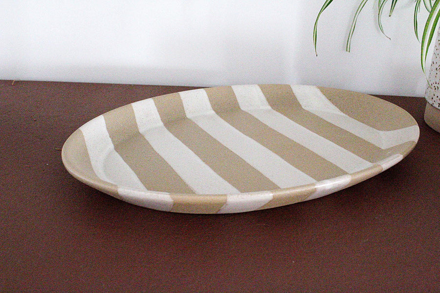 Striped Ceramic Platter Beige White Dish Decorative Centerpiece Neutral Home Decor Coastal Style Accent Boho Chic Serving Dish Farmhouse Table Decor Shallow Serving Tray Contemporary Accessory