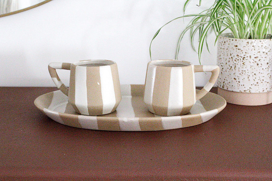 Beige White Striped Ceramic Platter Decorative Centerpiece Neutral Home Decor Coastal Style Accent Boho Chic Serving Dish Farmhouse Table Decor Shallow Tray Contemporary Accessory Gift Idea