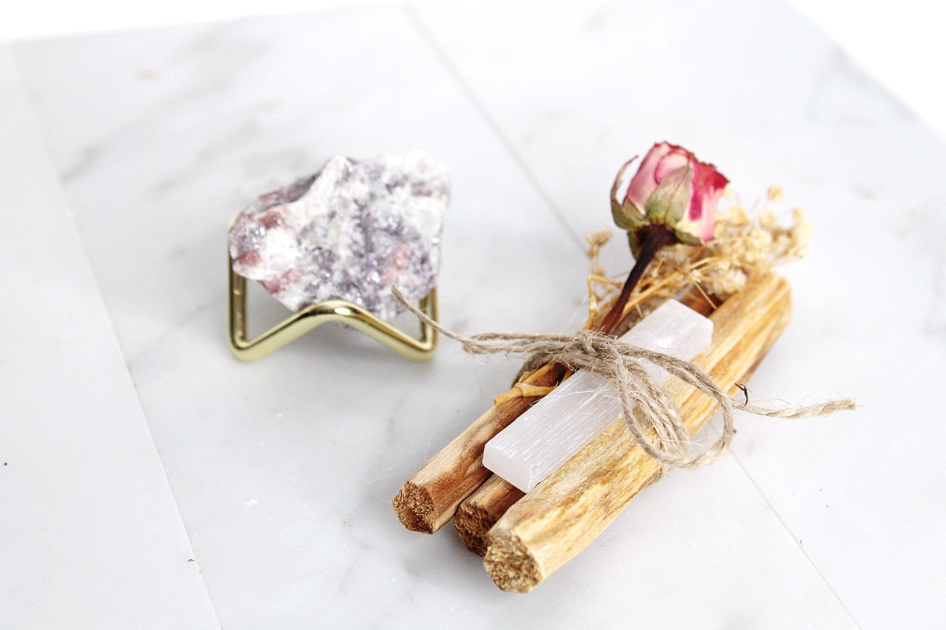 Pink Tourmaline Crystal Selenite Stick Palo Santo Sticks Energy Clearing Energy Cleansing Meditation Energy Healing Spiritual Guidance Crystal Set Spiritual Set