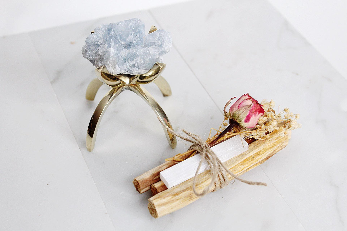 Celestite and Palo Santo Set Healing Crystals and Incense Meditation Starter Pack Spiritual Gift Set Home Altar Supplies Crystal Meditation Set Meditation Room Decor Spiritual Home Decor