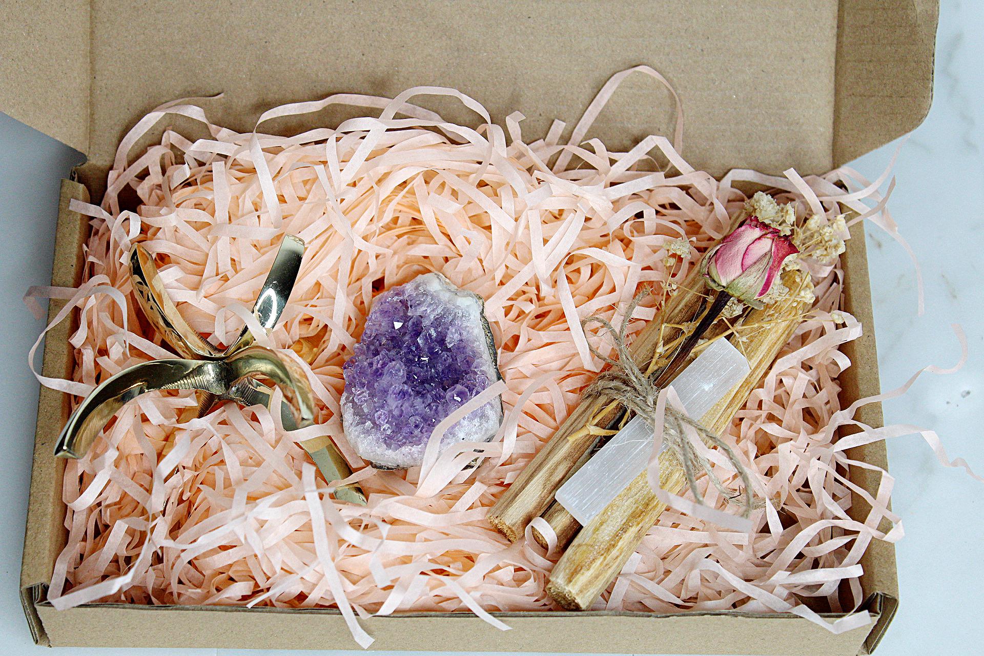 Amethyst Geode Crystal Set Selenite Palo Santo Energy Healing Meditation Spiritual Gift Crystal Gift Energy Work Gift